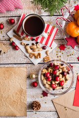Christmas composition on a wooden background.
