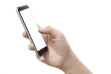 Businessman hand holding smart phone with path