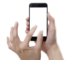 Businessman hand holding smart phone with path