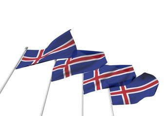 Iceland flags in a row with a white background. 3D Rendering