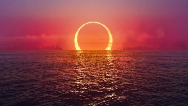 Sunset and solar eclipse over seamlessly looped ocean. 