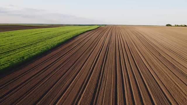 Flight over agricultural arable land fields