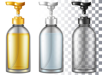 Cosmetic bottle with dispenser pump. Vector illustration with smart transparencies.