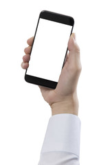 Businessman hand holding smart phone with path