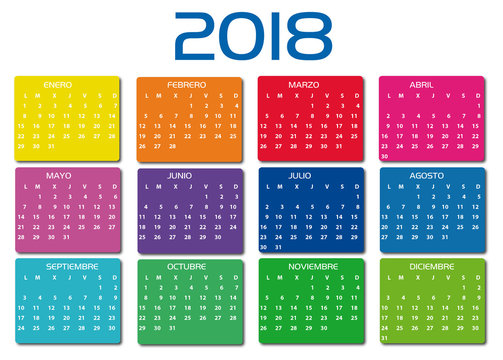 Calendario vectorizado año 2018 con cajas de colores en español