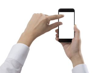 Businessman hand holding smart phone with path