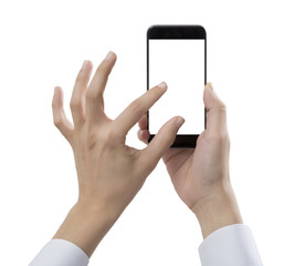 Businessman hand holding smart phone with path