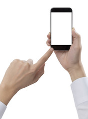 Businessman hand holding smart phone with path