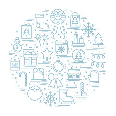 Round line christmas illustration with different winter symbols, elements, icons including presents, christmas tree, firework, bell, snowflakes socks, candy cane. Unique Xmas New Year holidays print.