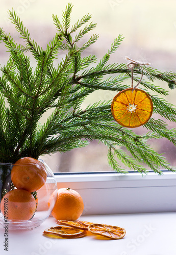Christmas Home Decoration Fir Branch And Dried Oranges Stock
