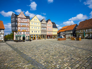 Nachgebildete Fachwerkh&auml;user mit Marktplatz im Freilichtmuseum Hessenpark, Neu Anspach, Hessen, Deutschland