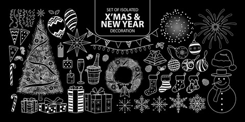 Set of isolated decoration for Christmas and New year. Vector illustration only white outline.