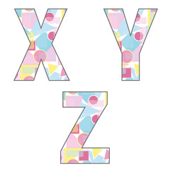 Set of big vector letters with a modern pattern. Letters X, Y, Z
