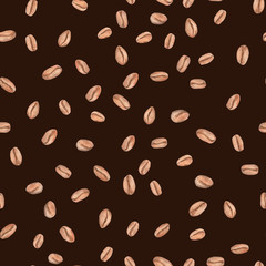 Watercolor Coffee beans pattern with brown background. Illustration for design, print