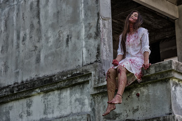 Zombie, Ghost, Woman murder with bloody sit wait for help