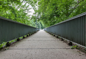 Fussgängerbrücke umrahmt von grünen Bäumen - Vogelperspektive