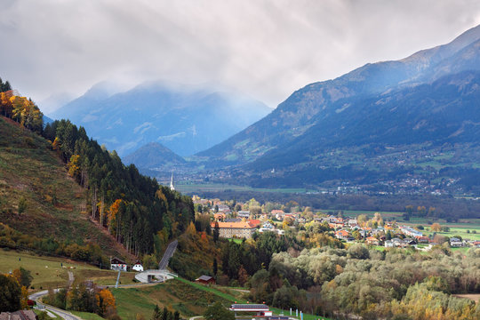 Aerial view of the alpine town of Spittal an der Drau, located within the Gurktal Alps (Nock Mountains) in the federal state of Carinthia, Austria.