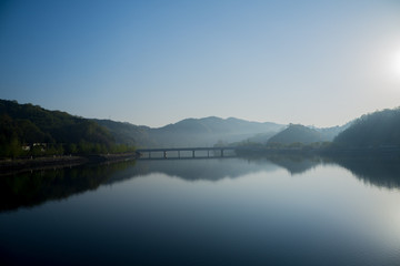 Tranquil Morning Landscape of Wolyeonggyo in Andong Dam, Andong City, Gyeongsangbug-do