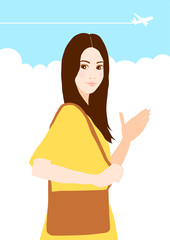 バッグを持つ女性のイラスト: 旅行イメージ