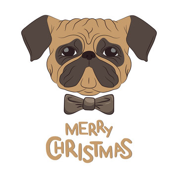 Illustration with a painted cartoon dog of the pug breed, in a bow tie and inscription of a happy Christmas. Symbol of the new year 2018.