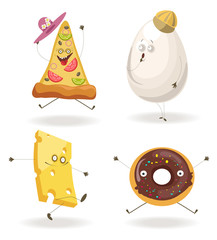Cartooon fast food characters with cheerful human face expressions.
