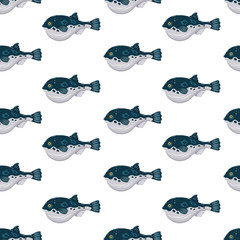Obraz premium Seamless pattern flat fugu pufferfish isolated on white background. Fresh raw fish - vector illustration