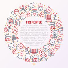 Firefighter concept in circle with thin line icons: fire, extinguisher, axes, hose, hydrant. Modern vector illustration for banner, web page, print media.