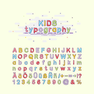 Children's Font In The Mbe Style. Colorful Kids Typography. Vector Illustration Of An Alphabet. English, German And Spanish Letters.