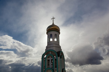 Orthodox church with golden domes in autumn sunny day, Church of All Saints in Carpaty