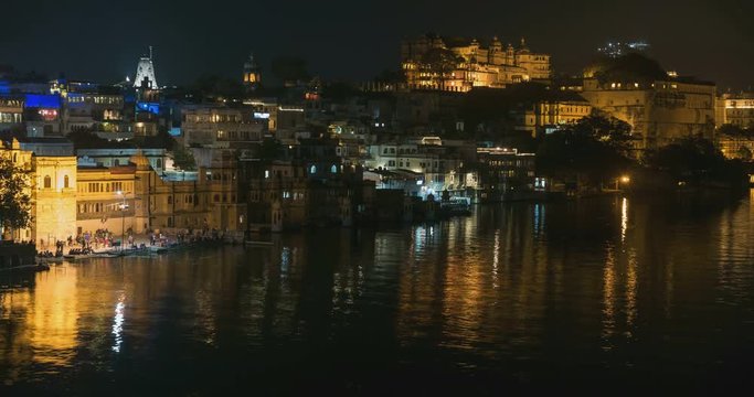 Udaipur Rajasthan India. Time lapse by night  from above. Travel destination and tourism landmarks.