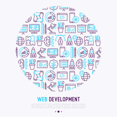 Web development concept in circle with thin line icons of programming, graphic design, mobile app, strategy, artificial intelligence, optimization, analytics. Vector illustration for web page.