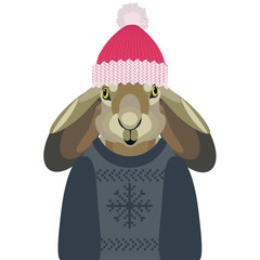 Christmas illustration of a cute boy hare in  sweater and hat on white background