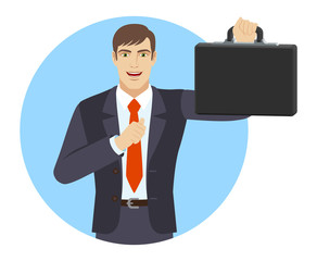Fototapeta na wymiar Businessman pointing at himself and holding briefcase