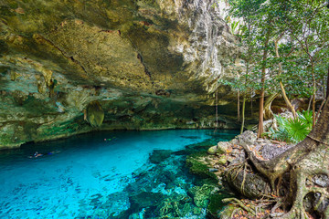 Naklejka premium Cenote Dos Ojos in Quintana Roo, Mexico. People swimming and snorkeling in clear blue water. This cenote is located close to Tulum in Yucatan peninsula, Mexico.