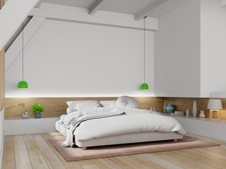 Bright and cozy modern bedroom interior with white wall background. 3d rendering