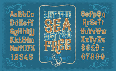 Vector retro white serif font, the Latin alphabet, numbers and symbols on blue background in frame from the ships anchor and rope. Vintage signboard for yacht club, advertising of sailing competitions