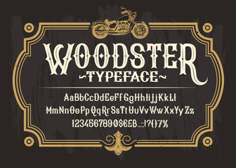 Vector white serif font, the Latin alphabet, numbers and symbols on a black background in a retro frame with a custom motorbike. Vintage signboard for moto club, motorcycle repair shop