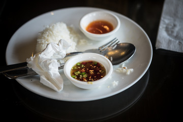 Dirty dish with rice and sauce after eat