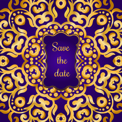 Rich gold invitation card in the Indian style. Bohemian Cards with mandalas. Royal purple and gold ornament. Unique template for design or backdrop