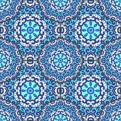Vector seamless pattern with bright blue ornament. Tile in Eastern style. Ornamental lace tracery. Ornate swirl geometrical decor for wallpaper. Traditional arabic mosaic design