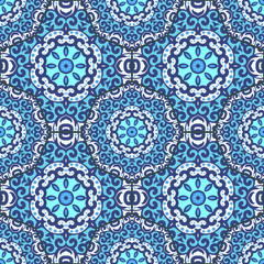 Vector seamless pattern with bright blue ornament. Tile in Eastern style. Ornamental lace tracery. Ornate swirl geometrical decor for wallpaper. Traditional arabic mosaic design