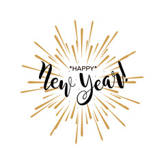 Fototapeta na wymiar Happy New Year. Beautiful greeting card poster calligraphy black text word gold fireworks. Hand drawn design elements. Handwritten modern brush lettering white background isolated vector