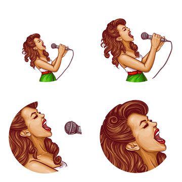 Set of vector pop art round avatar icons for users of social networking, blogs, profile icons. Young pin up sexy girl with brown hair holds a microphone in her hand and sings