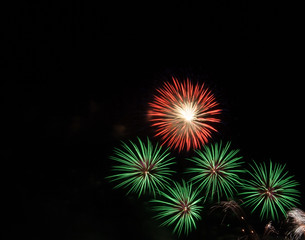 Fototapeta premium Night Fireworks show scene. Celebrated by a grand fireworks display (copy space).