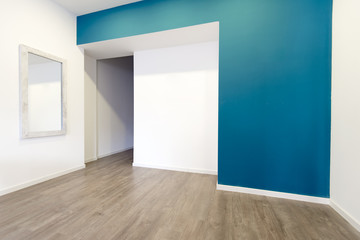 Empty room with walls and wooden parquet floor and door