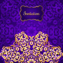 Rich gold invitation card in the Indian style. Bohemian Cards with mandalas. Royal purple and gold ornament. Unique template for design or backdrop