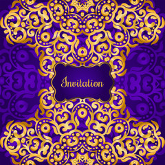 Rich gold invitation card in the Indian style. Bohemian Cards with mandalas. Royal purple and gold ornament. Unique template for design or backdrop