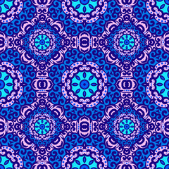 Vector seamless pattern with bright blue ornament. Tile in Eastern style. Ornamental lace tracery. Ornate swirl geometrical decor for wallpaper. Traditional arabic mosaic design