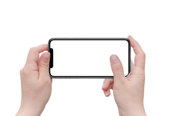 Isolated black curved x mobile phone in horizontal position in woman hands.