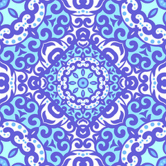 Vector seamless pattern with bright blue ornament. Tile in Eastern style. Ornamental lace tracery. Ornate swirl geometrical decor for wallpaper. Traditional arabic mosaic design